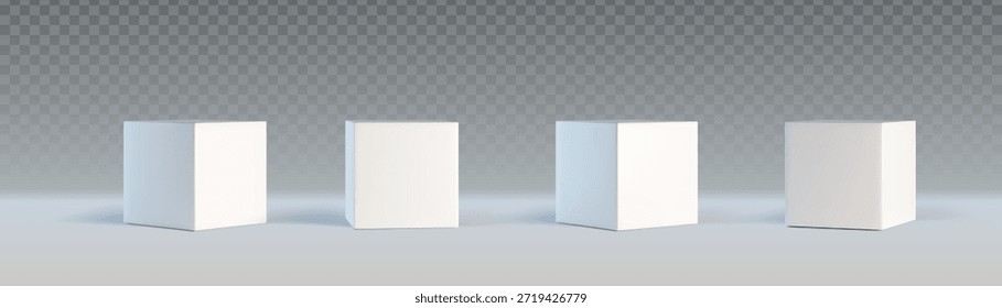 3D-Würfel einzeln auf transparentem Hintergrund. Vektorrealistische Illustration von weißen Blankboxmodellen, Front- und Winkelansicht mit weichen Schatten, Präsentationspodiummockup, geometrisches Plattformdesign