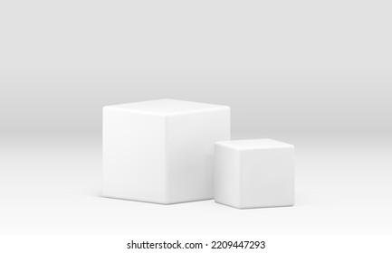 3d cubes squared two pedestal geometric form symmetric foundation platform realistic vector illustration. Fashion podium box product exhibition display premium studio background design