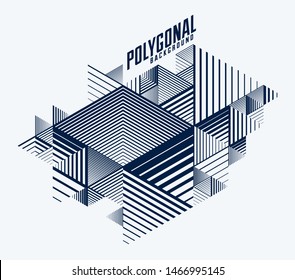 3D cubes and triangles lined stripy abstract vector background with retro style element isolated and easy to use or edit. Template for poster or banner, cover or ad.