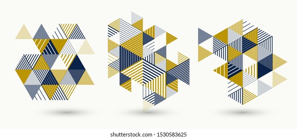 3D cubes and triangles lined stripy abstract vector backgrounds set with retro style elements isolated and easy to use or edit. Templates for posters or banners, covers or ads.