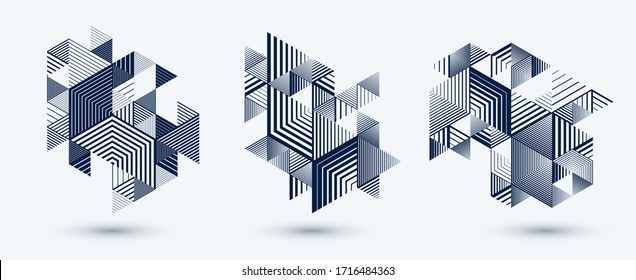 3D cubes and triangles lined stripy abstract vector backgrounds set with retro style elements isolated and easy to use or edit. Templates for posters or banners, covers or ads.