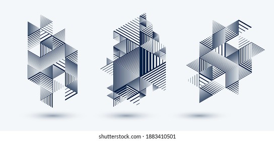 3D cubes and triangles lined stripy abstract vector backgrounds set with retro style elements isolated and easy to use or edit. Templates for posters or banners, covers or ads.