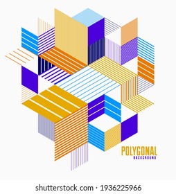 3D cubes and triangles lined stripy abstract vector background with retro style element isolated and easy to use or edit. Template for poster or banner, cover or ad.