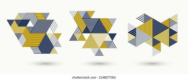 3D cubes and triangles lined stripy abstract vector backgrounds set with retro style elements isolated and easy to use or edit. Templates for posters or banners, covers or ads.