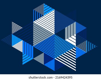 3D cubes and triangles lined stripy abstract vector background with retro style element isolated and easy to use or edit. Template for poster or banner, cover or ad.