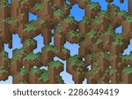 3D cubes, video game concept background. Isometric geometric mosaic pattern. Construction of hills landscape using brown and green grass blocks against blue sky.