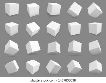 3d cubes. White blocks with different lighting and shadows, boxes in perspective. Abstract geometric square shapes vector distorted model structures render grey collection