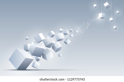 3d cubics float up from the floor to a group of cubes hang down from the top. Science and technology. Big data and Internet connection. Abstract background. Vector illustration.