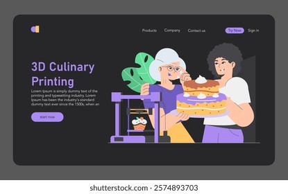 3D Culinary Printing concept. Innovators using a food printer create a multi-layered cake, showcasing modern cooking technology. Vector illustration.