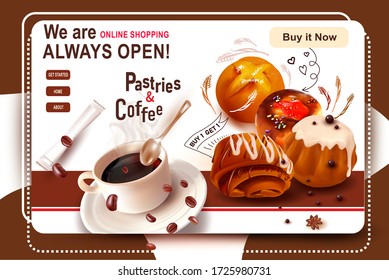 3d Cup of coffee.Coffee boans..Online Shopping.Web Banner Design Template.Online-Shop für den Verkauf von Gebäck,Bäckerei Süßwaren.Sweet Dessert.Cake.Vector Teaspoon.Stars Anise.Muffin.