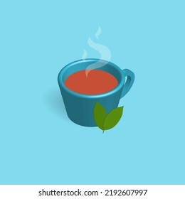 Taza 3d de té caliente recién hecho con hojas de té. Ilustración del vector