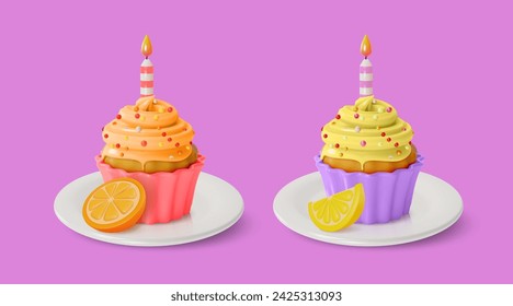 3d Cupcake with Candle Lemon and Orange Tastes Sweet Dessert Food Cartoon Style Isolated on a White Background. Vector illustration of Muffin with Cream