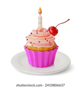 3D Cupcakes mit Candle Sweet Dessert Food Cartoon Stil einzeln auf weißem Hintergrund. Vektorgrafik von Muffin mit Creme