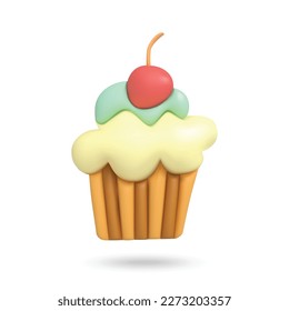 3D cupcake on white background. Plasticine cartoon style icon. Vector illustration design. 