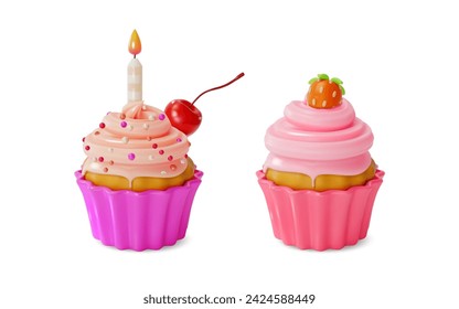 3d Cupcake Set con vela y sin dulce postre Alimento Estilo de dibujos animados aislado sobre un fondo blanco. Ilustración vectorial de magdalena con crema