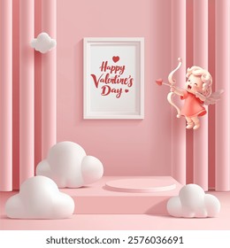 3D cupid, pink banner, empty podium, clouds, columns. Greetings and advertising of goods for Valentine's Day. The modern trendy scene for products. Vector