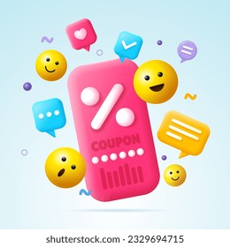 3d Estilo de caricatura de Cupon con diferentes burbujas de voz y notificaciones similares. Ilustración vectorial del cupón del cupón del cupón del cupón del cupón del cupón de descuento