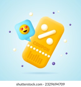 3d Cupon with Yellow Emoji on Speech Bubble Concept Cartoon Style. Vector illustration of Gift Voucher Coupon