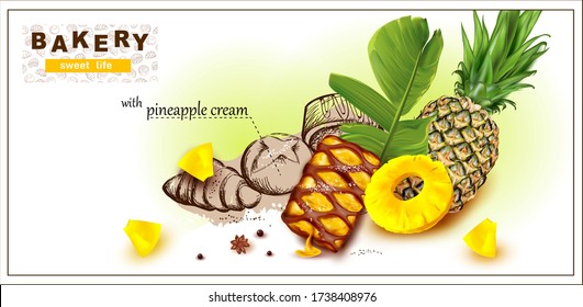 3d Curd puff with pineapple cream.
Freehand Drawing buns with poppy seeds, Croissant, Buns with Butter.
Flowing fruit jam. Pineapple and banana Leaf.
Vector illustration.