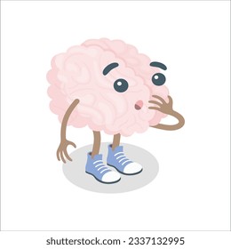 3d Curiosity Brain Questions Vector. Cute little brain mascot thinking hard to solve a problem suffering memory loss. curiosity brain. Brain organ think character concept. human organ. 2149