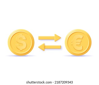 3d currency exchange icon. Render dollar and euro coins for online banking, stock market investment, exchange trading and cash money concept. 3d money vector cartoon minimal illustration