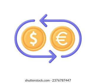 Ilustración de cambio de divisas 3D. Concepto de cambio de divisas o devolución de efectivo. Icono de euro a dólar. Conversión de dinero. Vector moderno y de moda en estilo 3d.