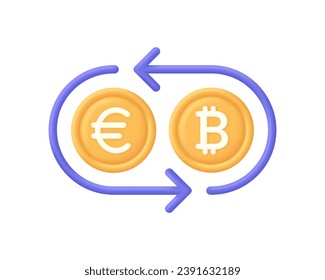 Ilustración de cambio de divisas 3D. Concepto de cambio de divisas o devolución de efectivo. Icono de Euro a bitcoin. Conversión de dinero. Vector moderno y de moda en estilo 3d.