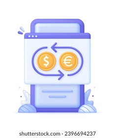 3D Currency exchange illustration on Phone. Concept of currency exchange or cash back. Euro to dollar icon. Money conversion. Trendy and modern vector in 3d style.