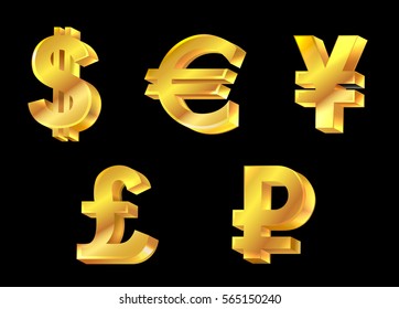 3D currency symbols gold texture.