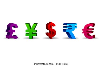 3D currency symbols 3D currency symbols including the Pound, Yen, Dollar, Rupee & Euro.