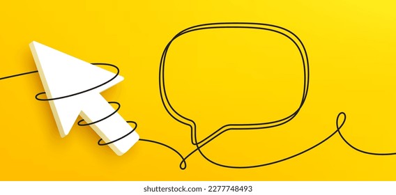 3d cursor pointer with continuous line speech bubble. Single line chat background. Talk text box, feedback message box and comment banner. Hand drawn speech bubble. Continuous line web banner. Vector