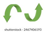 3D curved arrow. Realistic green arrow up and down icons. Vector illustration isolated on white background.