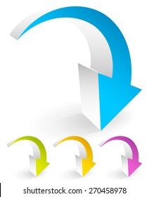 3D Curved, Bent Colorful Vector Arrow Elements Isolated on White. Eps 10