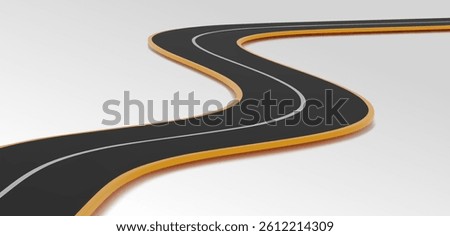 3D curved highway path with black asphalt surface, yellow roadside markings and white dividing stripe on light background. Clean minimalist transportation design elements for infographic projects.