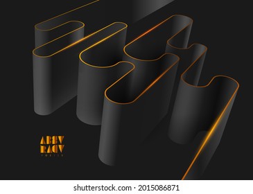 3D curved lines. Abstract black geometric background. Dynamic vector shape