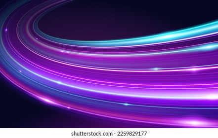 3D curved neon light effect background. Illustration of high speed concept. Curved light trail stretched out sideways.