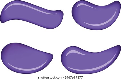 3D curvy form vibrant lavender color enamel dye on light backdrop. Smooth rounded blue shiny gloss sample splodge. Pour shape surface design set. Wet art icon. Close-up macro view with space for text