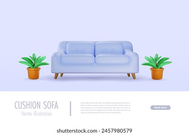 3D cushion sofa with plant pot in living room. Minimalistic furniture, home decoration. Cartoon character. Vector.