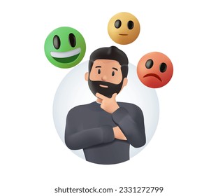 3D Customer feedback, review service. Feedback in cartoon 3d style. Good feedback concept. 3d chat icon set. 3d render vector illustration. Emoji set