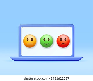 3D Kundenbewertung Smile Emoticons Checkliste in Laptop Isolated. Rendert positive, neutrale und negative Symbole. Erfahrungsberichte Bewertung, Feedback, Umfrage, Qualität, Bewertung. Vektorgrafik