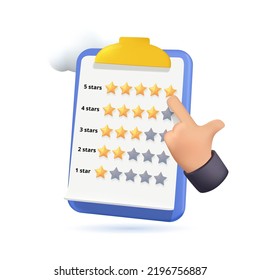 3d customer review. Clipboard rating feedback. Five stars for best excellent rating. 5 star quality customer rating feedback. clipboard task todo check list, product review. 3d feedback vector render