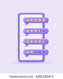 3d concepto de revisión por parte del cliente. Smartphone con comentarios de los clientes. Estrellas bajas y altas en comentarios. Ilustración vectorial realista para aplicaciones web o móviles.