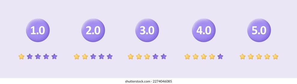 3.ª revisión por parte del cliente. Comentarios del concepto de clientes. Conjunto de estrellas bajas y altas en el fondo morado. Ilustración vectorial realista para aplicaciones web o móviles.