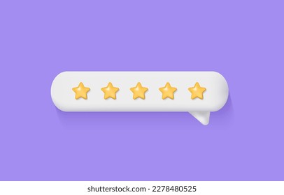 3d customer review. Feedback from clients concept. Stars rating on purple background. Realistic vector illustration for website or mobile applications.