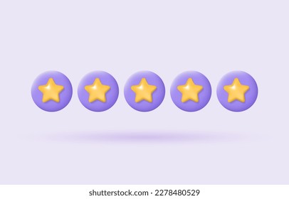 3d customer review. Feedback from clients concept. Stars rating on purple background. Realistic vector illustration for website or mobile applications.