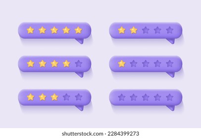 3d customer review. Feedback from clients concept. Set of low and high stars rating on purple background. Realistic vector illustration for website or mobile applications.