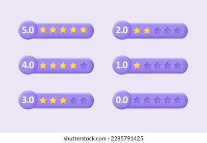 3.ª revisión por parte del cliente. Comentarios del concepto de clientes. Conjunto de estrellas bajas y altas en el fondo morado. Ilustración vectorial realista para aplicaciones web o móviles.