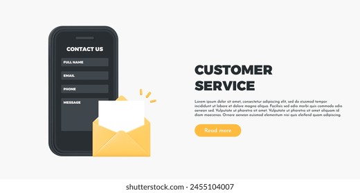 3D Customer service landing page. Phone with open envelope and form for contacting support service. Contact us online. Technical assistance. Email feedback. Cartoon design. 3D Vector illustration