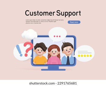 3d Sitio web de equipos de asistencia al cliente. Ilustración conceptual de apoyo, asistencia, centro de llamadas. Ilustración del vector de representación 3D