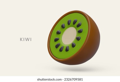 corte 3D en kiwi medio maduro. Fruta con núcleo verde y semillas negras. Producto orgánico dulce y agrio. Banner preparado con texto, plantilla para la categoría de producto